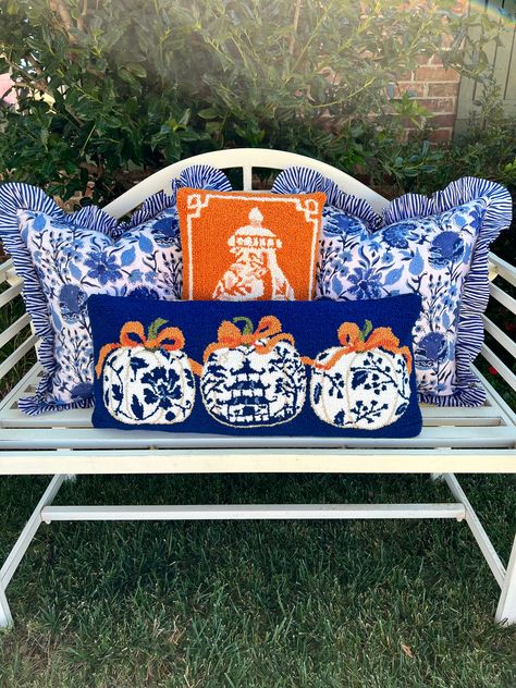 Chinoiserie chic at it’s brightest! This hand hooked accent pillow is perfect for Fall or any season! Made by hand from 100 percent wool and ready to bring some personality to your home! • Measures 12”x18” • Backed in velvet, covered zipper Fall Chinoiserie Decor, Grandmillenial Fall Decor, Grand Millennial Fall Decor, Grandmillenial Fall, Navy Blue Fall Decor, Blue And White Pumpkins, Orange Chinoiserie, Chinoiserie Pillow Covers, Chinoiserie Pillows