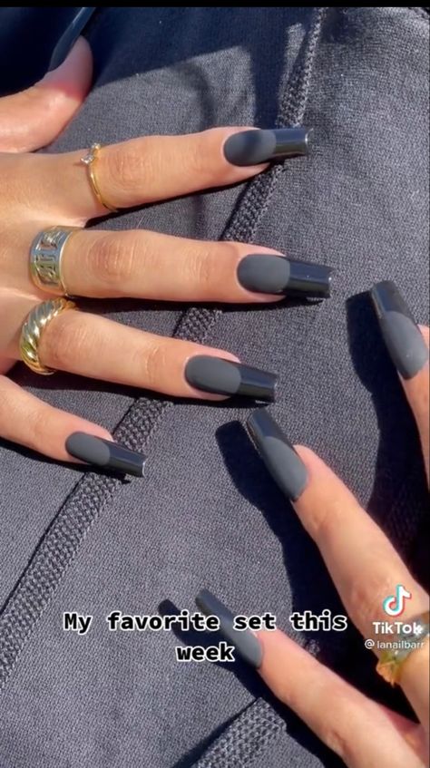 Grey Nail, Black French Tip, Fake Nails Long, Nail Vinyls, Matte Black Nails, Black French, Nail Jewelry, Stick On Nails, Nail Charms