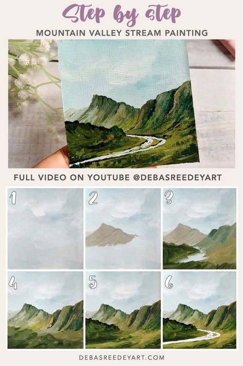 Mountain Valley Stream painting- Abstract Landscape - Debasree Dey Art Painting In Sketchbook, Abstract Sunflower Painting, Painting Tutorial Step By Step, Canvas Acrylic Painting, Mountain Valley, Painting Tutorial, Abstract Landscape, To Learn, Step By Step