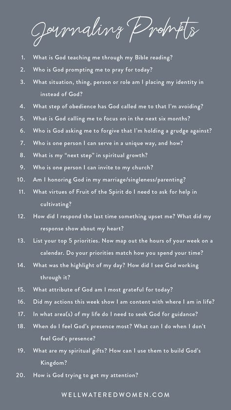 20 Journaling Prompts for Spiritual Growth – Well-Watered Women Bible Prompts, Quilting Journal, Bible Quilting, Healing Phase, Bible Journal Prompts, Christian Journal Prompts, Bible Plans, Prayer Journal Prompts, Bible Studying