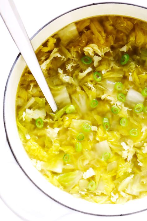 This Cabbage Egg Drop Soup recipe is made with a light sesame ginger broth, lovely egg ribbons, and lots and lots of Napa cabbage. It's easy to make in just 20 minutes, it can double as a side soup or healthy main course, and it tastes so cozy and delicious. | gimmesomeoven.com #soup #chinese #cabbage #egg #vegetarian #glutenfree #healthy #dinner Side Soup, Cabbage Egg, Ginger Broth, Soup Chinese, Cabbage Vegetable, Egg Drop Soup, Sesame Ginger, Vegetarian Cabbage, Egg Drop