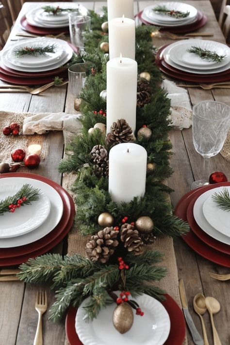 Bring cozy farmhouse charm to your Christmas table! From mason jar centerpieces to burlap runners, these rustic ideas combine comfort with style. Learn how to mix vintage elements with natural materials for that perfect country Christmas feel. #FarmhouseChristmas #RusticDecor #CountryChristmas Christmas Table Settings Rustic, Farmhouse Christmas Table, Xmas Dinner Table, Christmas Dinner Table Settings, Rustic Farmhouse Christmas, Burlap Runners, Rustic Ideas, Christmas Table Setting, Xmas Dinner