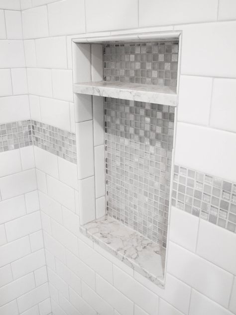 Shower With Accent Tile, Shower Niche Tile Ideas, Bathtub Tile Surround, White Shower Tile, Shower Accent Tile, Tile Shower Niche, Gross Things, White Tile Shower, Bathtub Tile