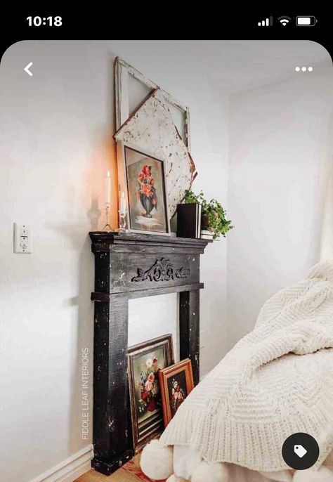 Flat Faux Fireplace, Faux Vintage Fireplace Mantle, False Mantle Diy Fireplace, Free Standing Fireplace Mantle, Build A Faux Fireplace, Faux Fireplace Mantle, Bookshelf Mantle, Diy Faux Fireplace, Faux Mantle