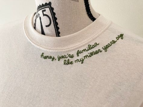 Custom Embroider Tshirt Crewneck Personalised T Shirt - Etsy UK Embroidery Cursive, Cursive Embroidery, Tshirt Embroidery, Collar Embroidery, Lyric Shirts, Word Shirts, Clothing Displays, Embroidery Tshirt, Quote Shirt