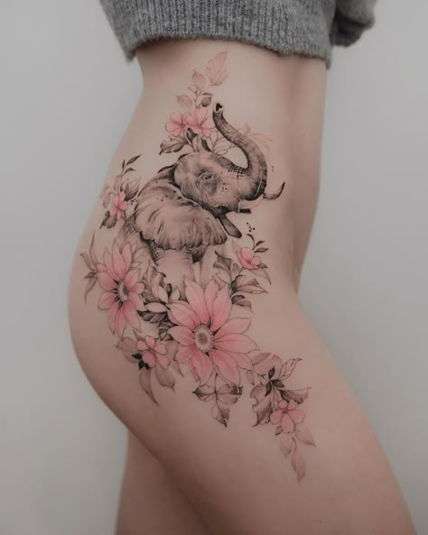 Elephant Tattoo Trunk Up, Elephant Tattoo Ideas For Women, Elephant Tattoos Leg, Unique Tattoos Back, Elephant Trunk Up Tattoo, Tattoo Ideas Female Elephant, Asian Elephant Tattoo, Elephant Tattoos Thigh, Realistic Elephant Tattoo