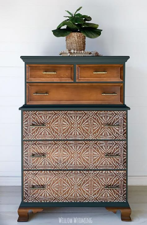 Tribal Batik Furniture Stencil from Royal Design Studio Stencils - painting wood with acrylic paint - painted wood furniture DIY decor projects - easy do it yourself dresser drawers - stenciling furniture with painting stencil designs - custom handmade wood furniture with bohemian style - easy DIY ideas for decorating furniture - home decor projects with furniture paint and furniture stencils - (project by Holly Bilbrough) Dresser Green, Stencil Dresser, Boho Dresser, Tallboy Dresser, Staining Furniture, Furniture Flipping, Stencil Furniture, Furniture Flip, Furniture Flips