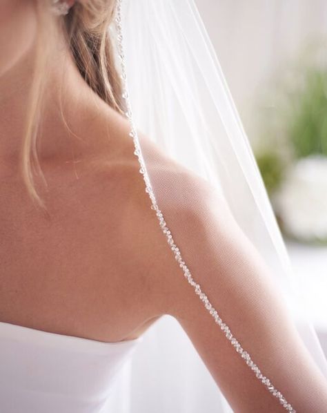 Dareth Colburn 1 Layer Kylie Crystal & Pearl Beaded Veil (VB-5094) Wedding Veil | The Knot Pearl Beaded Veil, Pearl Edge Veil, Beaded Bridal Veil, Beaded Veil, Fingertip Length Veil, Beaded Wedding Veils, Fingertip Wedding Veils, Ivory Bridal Veil, Beaded Veils