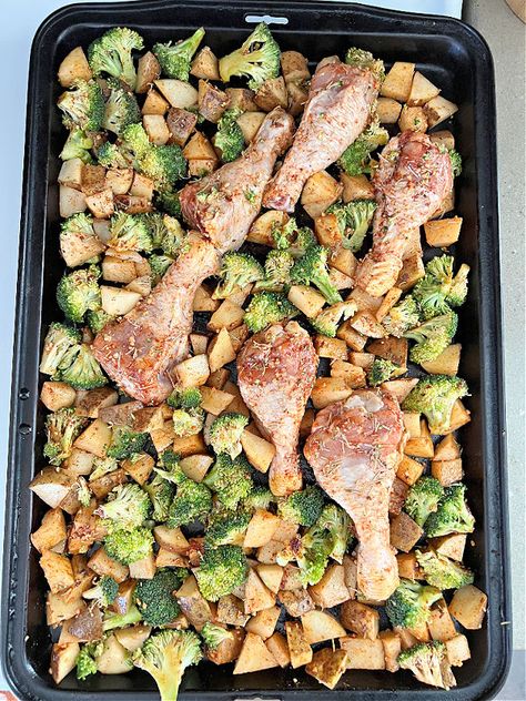 Drumstick Chicken Sheet Pan, Sheet Pan Drumsticks And Veggies, Sheet Pan Drumsticks, Chicken Leg Sheet Pan Dinner, Sheet Dinner, Roasted Drumsticks, One Pan Dinners, Potatoes Broccoli, Celery Recipes