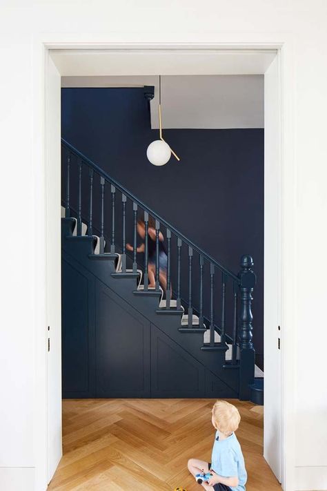 Faw As 045 Navy Entrance Hall, Dark Blue And White Hallway, Oval Room Blue Hallway, Blue Victorian Hallway, Victorian Hallway Wooden Floor, Victorian Terrace Renovation, Victorian House Renovation, Light Oak Floors, Victorian Terraced House