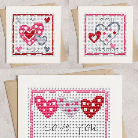 Romantic Cross Stitch, Valentine Heart Card, Stitch Cards, Valentines Gift Tags, Tiny Cross Stitch, Cross Stitch Love, Card Pattern, Cross Stitch Heart, Cross Stitch Cards