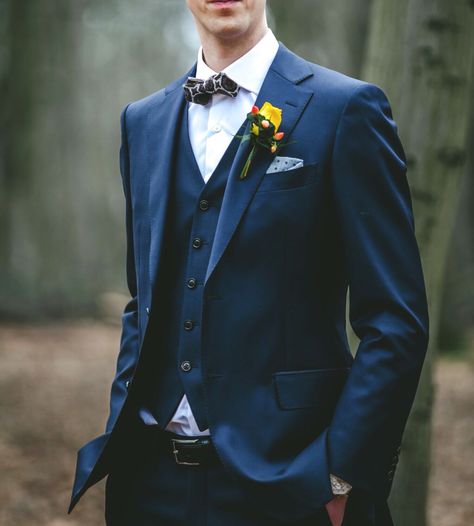 Three pieces wedding suit - navy, with bow tie Blue Suit Bow Tie, 3 Piece Suit Men Wedding, Astronomy Wedding, Navy 3 Piece Suit, Navy Blue Suit Wedding, Suits Groomsmen, Beach Wedding Groom Attire, Suit Bow Tie, Beach Wedding Men