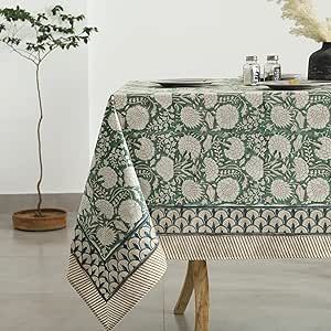 Labhanshi Indian Handblock Print Pre-Washed Cotton Floral Table Cloth|Reusable Rectangle 72x108 Inch 8-Seater Dining Tablecloth|Thanksgiving Christmas Festive Holiday Decorative Table Cover|Moss Green Tablecloth Thanksgiving, Floral Table Cloth, Dining Tablecloth, Dining Table Cloth, Thanksgiving Wedding, Kitchen Dining Table, Floral Table, Decorative Table, Picnic Party