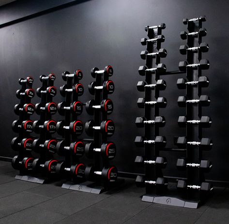 Crossfit Home Gym, Commercial Gym Design, Gym Rack, Small Home Gym Ideas, Crossfit Equipment, Powerlifting Gym, Dumbbell Storage, Gym Design Interior, Home Gym Garage