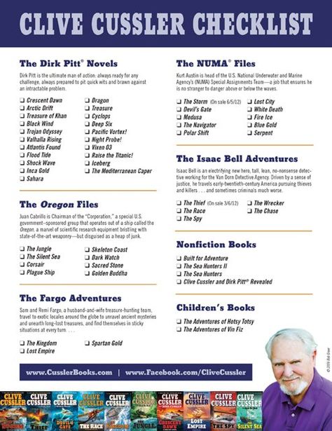 A very handy checklist, Clive Cussler books are so good! Clive Cussler Books, Dirk Pitt, Wargames Terrain, Clive Cussler, Book List, Holiday Shopping, Favorite Authors, I Love Books, Book Authors