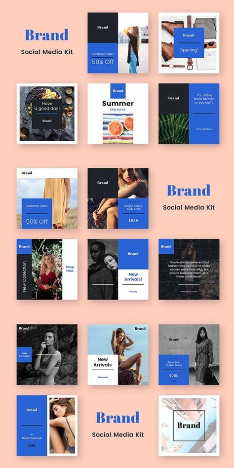 Brand Social Media Kit | Just replace the text and images, and share with your followers | You can change the color, text, images and make any changes to the design | 15 different square layouts | Ideal for Instagram and Facebook #socialmedia #template #instagram #facebook #blogging #branding #affiliate #modern #minimal #blue #simple #layout #inspiration Brand Social Media, Inmobiliaria Ideas, Instagram Font, Flyers Design, Social Media Kit, 광고 디자인, Instagram Template Design, Kit Design, Design Presentation