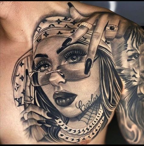 50+ the most modern male chest tattoos with explanations for each idea. Pick the best one exclusively for your liking and character. Chicano Chest Tattoo, Chicano Tattoos Men, Chicano Tattoos For Women, Male Chest Tattoos, Chest Tattoos For Men, Shen Long Tattoo, Chicanas Tattoo, Upper Back Tattoos, Male Chest