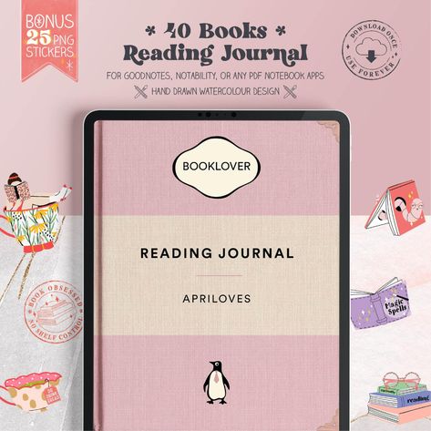 Digital Reading Planner Journal, Book Tracker Reading Journal Cover Page Digital, Reading Journal Cover, Reading Journal Goodnotes, Journal Book Tracker, Digital Reading Journal, Study Supplies, Reading Planner, Goodnotes Template, Book Reading Journal