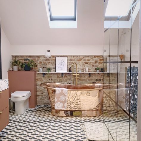 Barn Conversion Interiors, Art Deco Bathrooms, Mr Price Home, Black Floor Tiles, Copper Bath, Barn Renovation, Art Deco Bathroom, Deco Bathroom, Cosy Room