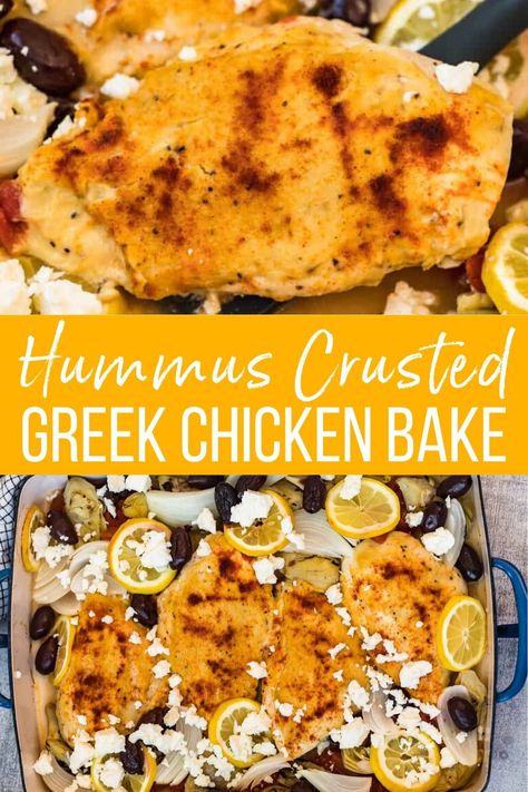 Greek Chicken Baked Easy, Chicken And Hummus Recipes, Chicken With Hummus Recipe, Hummus Baked Chicken, Greek Chicken Feta, Chicken With Hummus, Hummus Chicken Recipes, Mediterranean Chicken Artichoke Recipes, Greek Chicken Bake