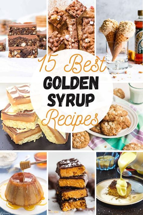 15 best golden syrup recipes including puddings, bars, cookies, shortbread, ice cream, rocky road and chocolate tiffin. Golden Syrup Recipes, Easy Microwave Desserts, Welsh Recipes, Syrup Recipes, Butter Ice Cream, Warm Desserts, British Desserts, Peanut Butter Ice Cream, Toffee Pudding