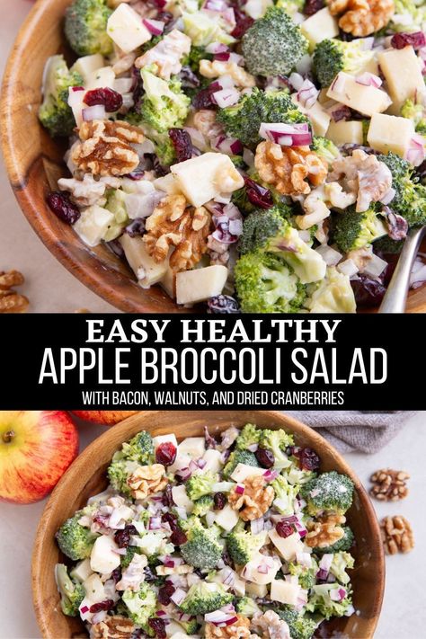 Apple Broccoli Salad with Walnuts, dried cranberries, bacon, red onion and a creamy dressing is the perfect broccoli salad recipe for fall! Serve it up at holiday gatherings or make it for meal prep to add veggies to your weekday meals. #salad #broccoli #healthy #sidedish Perfect Broccoli, Apple Broccoli Salad, Apple Cranberry Salad, Cranberry Walnut Salad, Best Broccoli Salad Recipe, Salad With Walnuts, Healthy Broccoli Salad, Apple Walnut Salad, Allergy Recipes