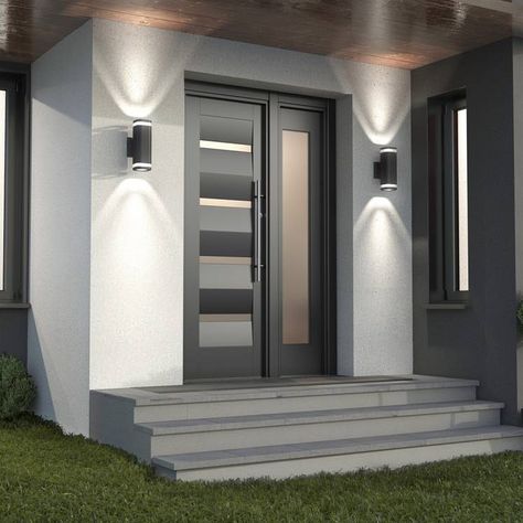 Front Door Lighting Exterior Modern, Front House Lighting Ideas, Front House Lights, Garage Lights Exterior, Modern Exterior Lighting, Scandinavian Modern House, Contemporary Outdoor Lighting, Contemporary Garage, Exterior Wall Tiles