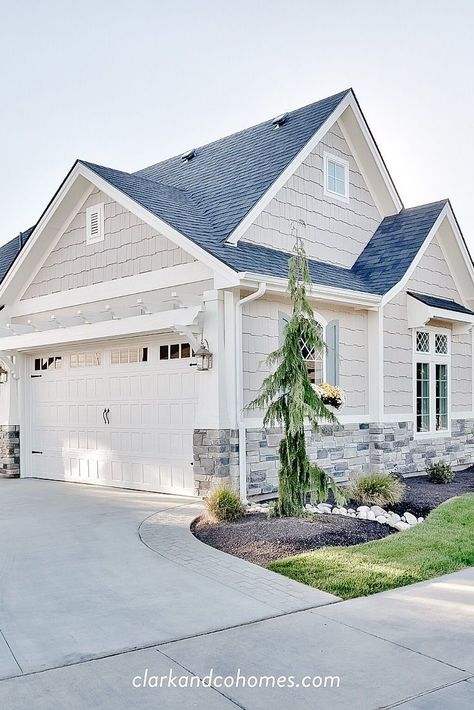 Exterior Paint Colors For House With Gray Roof, Blue And White Farmhouse Exterior, Blue Grey House Exterior With Stone, White Window House, Pretty Exterior House Colors, Calming Exterior House Colors, Light Gray Craftsman Exterior, Cottage Style Exterior Colors, Blueish Gray House Exterior