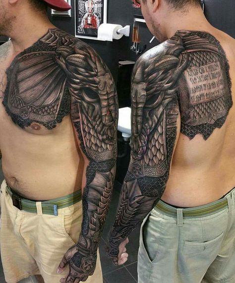 Armor Sleeve Tattoo, Chest And Back Tattoo, Armour Tattoo, Shoulder Armor Tattoo, Men With Tattoos, Armor Tattoo, Marvel Tattoos, Polynesian Tattoos, Biomechanical Tattoo