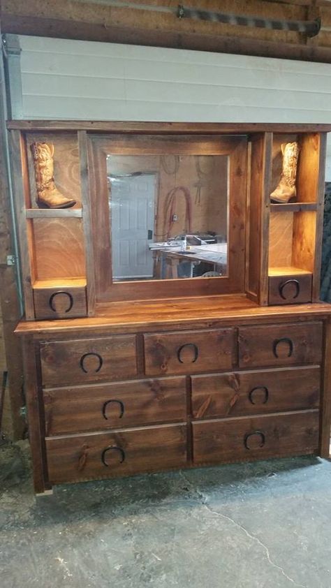 Western Painted Dresser Ideas, Western China Cabinet, Western Bedroom Dresser, Western Furniture Dressers, Western Dresser Ideas, Western Dressers, Western Dresser Furniture, Diy Western Furniture, Married Bedroom