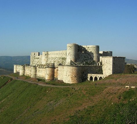 Krak des Chevaliers (or Crac Des Chevaliers),  Syria...     www.castlesandmanorhouses.com   ...     One of the most important preserved medieval castles in the world. The site was settled in the 11th century by Kurds; & known as Hisn al Akrad “Castle of the Kurds”. In 1142 it was given by Raymond II, Count of Tripoli, to the Knights Hospitaller. It remained in their possession until 1271. It was known as Crac de l'Ospital (the name Krak des Chevaliers was coined in the 19th century.) Krak Des Chevaliers, Haunted Castles, Castle Parts, Knights Hospitaller, Castle Pictures, Medieval Castles, Famous Castles, Haunted Castle, Western Asia