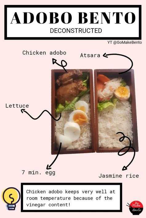 Adobo Bento - Easy Filipino Bento Lunchbox Ideas by Go Make Bento Pinoy Bento Box Ideas, Lunch Ideas Philippines, Filipino Lunch Baon, Filipino Bento Ideas, Filipino Lunch Box Ideas, Adobo Aesthetic, Filipino Lunch, Bento Lunchbox Ideas, Bento Easy