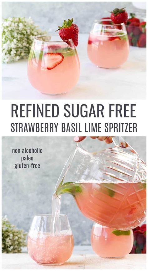 Non Alcoholic Drinks Strawberry, Non Alcoholic Fruit Spritzers, Gluten Free Mocktail, Sparkling Mocktails Non Alcoholic, Bridal Shower Mocktails, Mocktail By The Pitcher, Strawberry Lime Mocktail, Healthy Summer Mocktail, Pitcher Mock Tails