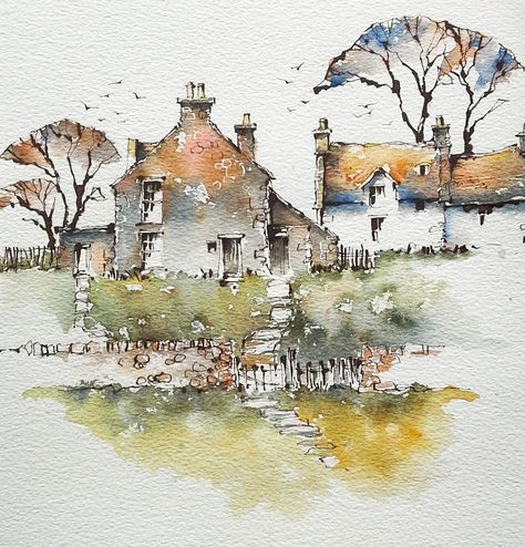 Farm cottages | Line and wash | Jeanette Clarke | Flickr Line And Wash, Watercolor House Painting, Peisaj Urban, Watercolor Art Landscape, Watercolor Architecture, Farm Cottage, Watercolor Painting Techniques, 수채화 그림, Watercolor Landscape Paintings