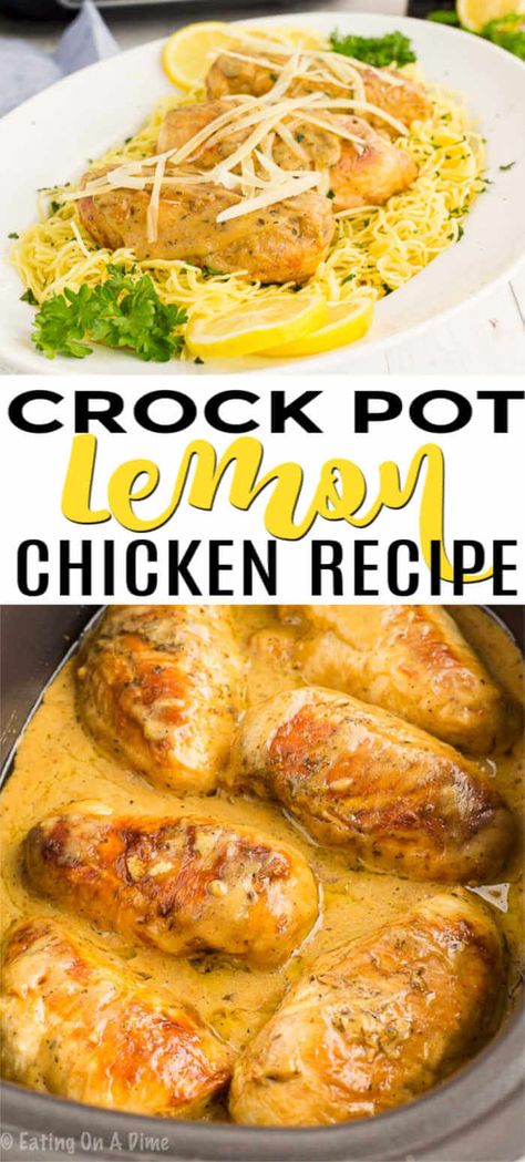 Crockpot lemon chicken is so light and refreshing for a great meal. The creamy lemon sauce is delicious over the chicken and pasta for an easy dinner idea. Crock Pot Lemon Chicken, Lemon Chicken Crockpot, Crockpot Lemon Chicken, Lemon Pepper Chicken Breast, Slow Cooker Lemon Chicken, Easy Lemon Chicken, Creamy Lemon Sauce, Ww Dinner, Slower Cooker