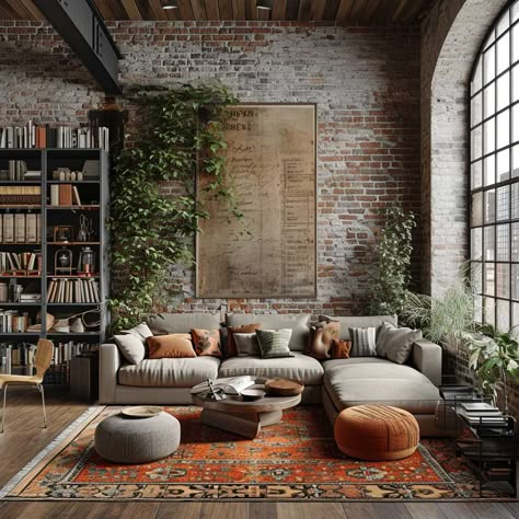 Industrial Scandinavian Interior, Boho Industrial Living Room, New Yorker Loft, Industrial Living Room Design, Industrial Style Living Room, Industrial Living Room, Barn Loft, Industrial Apartment, Wood Window