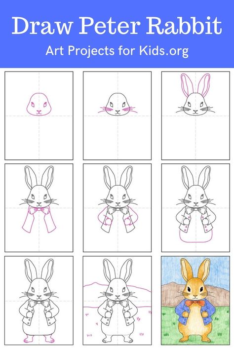 Learn how to draw Peter Rabbit with an easy step-by-step PDF tutorial.    #howtodraw #tutorial #drawing #drawingtutorial #arttutorial #artprojectsforkids #howtodrawforkids #peterrabbit #rabbitdrawing Beatrix Potter Drawings Easy, How To Draw Peter Rabbit, Peter Rabbit Art Projects For Kids, Rabbit Art For Kids, Peter Rabbit Coloring Pages, Watercolor Creatures, How To Draw Rabbit, Van Gogh Coloring, Collaborative Mural