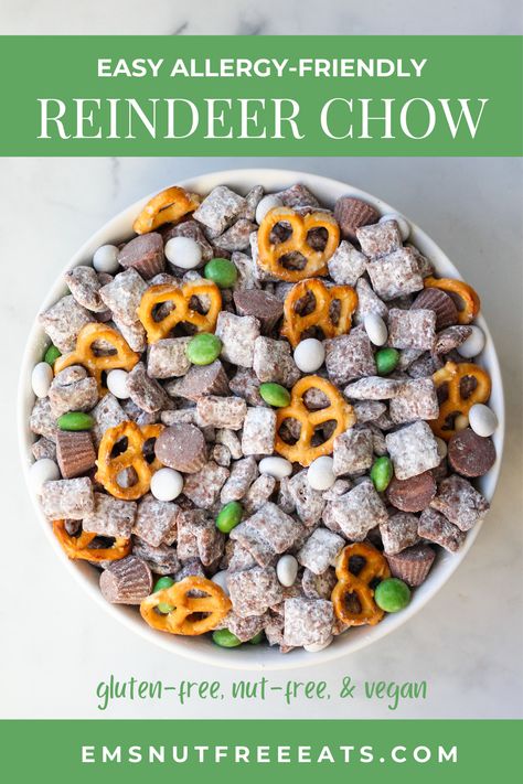 A play on puppy chow (also called muddy buddies), reindeer chow is made with a base of chocolate-covered chex cereal with some festive snacks thrown in! This recipe is gluten-free, nut-free and vegan! You can use any mix-ins you like, but I love using gluten-free pretzels and allergy-friendly chocolate candies. Reindeer Mix Recipe, Vegan Chex Mix Recipe, Gluten Free Puppy Chow, Chex Mix Recipes Christmas, Holiday Puppy Chow, Reindeer Snack, Holiday Dessert Drinks, Reindeer Chow Recipe, Allergy Free Snacks