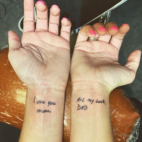 Mum And Dad Tattoos, Infinity Couple Tattoos, Handwriting Tattoos, Mom Dad Tattoo Designs, Small Wave Tattoo, Mum Tattoo, Cream Tattoo, Mom Daughter Tattoos, Tiny Wrist Tattoos