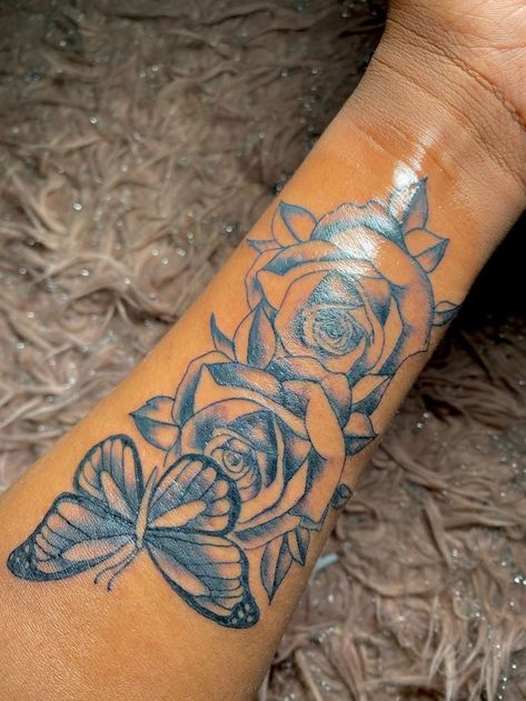 Roses And Butterfly Tattoo Forearm, Floral Name Tattoos For Women, Butterfly Forearm Tattoo Half Sleeves, Roses And Butterfly Tattoo Sleeve, Baddie Tattoo Ideas Female Forearm, First Tattoo Ideas For Women Meaningful Forearm, Girl Tattoo Ideas Arm, Palm Sized Tattoos For Women, Outside Arm Tattoo Women