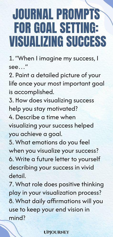 Explore these insightful journal prompts designed to help you craft powerful goals and visualize your path to success. Use these prompts to spark creativity, gain clarity, and set meaningful intentions for the future. Start your goal-setting journey today with these thought-provoking visualization exercises. Whether you're aiming for personal growth, career milestones, or simply looking to elevate your life, these prompts will guide you in creating a clear vision of the success you desire. Prompts For Goal Setting, Therapeutic Journaling, Visualization Exercises, Creative Writing Exercises, Career Ladder, Work Etiquette, Psychology Terms, Relationship Quizzes, Journal Questions