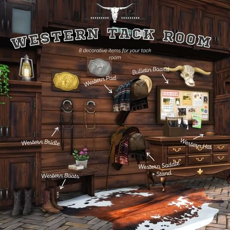 Western Tack Room | Patreon Western Tack Room, Sims 4 Horse Ranch, Sims Love, Sims Pets, Ranch Furniture, Sims 4 Stories, Cowgirl Decor, Sims 4 Tsr, Western Tack