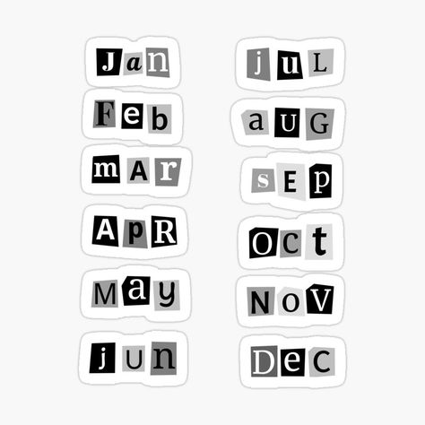 "grey-scale shortened month magazine cut-out pack" Sticker for Sale by Words-Artist Months Stickers Printable, Months Stickers, Month Printable, Funny Women Quotes, Grey Scale, Adulting Quotes, Month Stickers, Scrapbook Stickers Printable, Poster Illustration