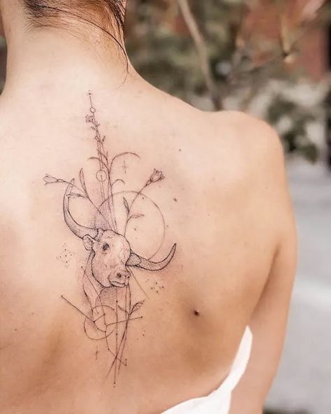 Feminine Bull Tattoo Taurus, Bull Tattoo Feminine Taurus, Taurus Spine Tattoo, Taurus Back Tattoo, Bull Tattoo Feminine, Back Spine Tattoo, Tattoo Taurus, Taurus Bull Tattoos, Female Cow