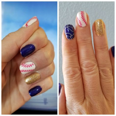 Milwaukee Brewers baseball nails, blue, white, red, gold, stamped & glitter ☆MV Nails Brewers Nail Designs, Milwaukee Brewers Nails, Brewers Nails, Baseball Nail Designs, Baseball Nails, Baseball Numbers, Milwaukee Brewers Baseball, Skin Nails, Nails Blue