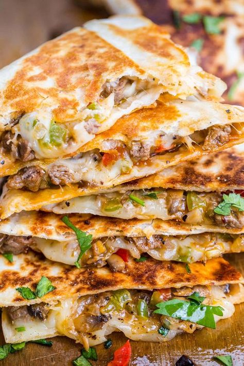 Philly Cheesesteak Quesadilla, Cheesesteak Quesadilla, Toasted Tortilla, Steak Quesadilla, Mushrooms And Onions, Quesadilla Recipe, Cheese Quesadilla, Shredded Chicken Recipes, Cheese Steak