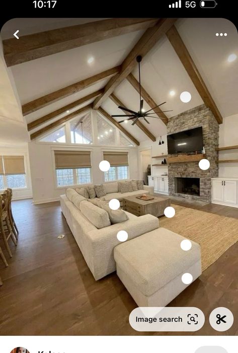 Barndo Living Room, Farm Houseplans Interior Design, Inside Barndominium, Farm Houseplans Interior, Rustic Farmhouse Interior, Living Room Addition, Beams Living Room, Barndominium Interior, Cabin Living Room