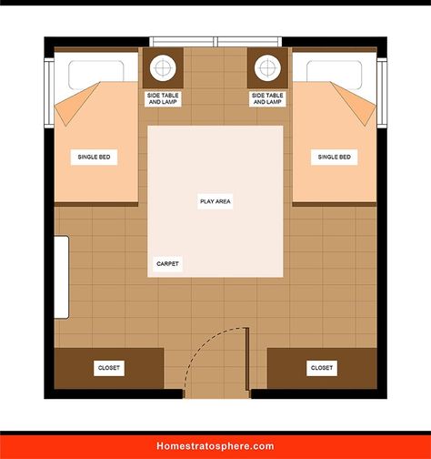 10x10 Bedroom Layout 2 Twin Beds, Kids Room Layout Floor Plans, Kids Bedroom Layout Ideas, Shared Bedroom Layout, Bedroom Dimensions Layout, Twin Bedroom Layout, Kids Bedroom Layout, Kids Double Bed, Kids Bedroom Flooring