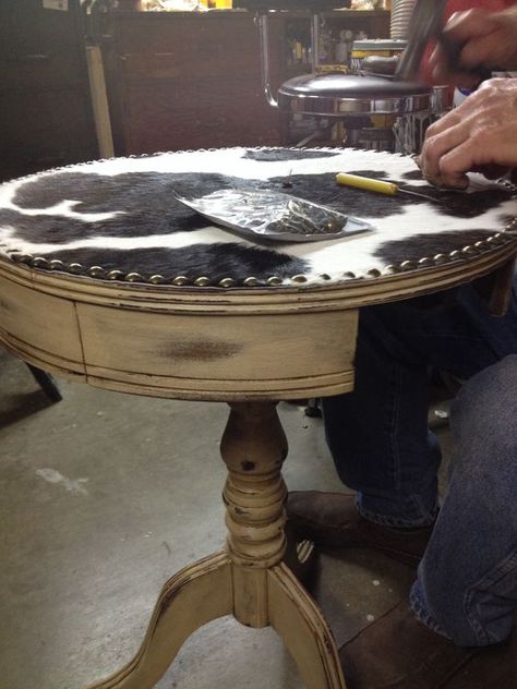 Our most recent work in progress. Refinished side table with a cowhide top.: Cowhide Decor, Cowhide Furniture, Ranch House Decor, Western Bedroom Decor, Rustic Western Decor, Dekor Diy, Western Furniture, Southwest Decor, Furniture Rehab