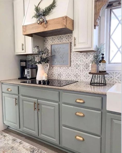 Farmhouse Kitchen Sage Green, Kitchen Sage Green, Farmhouse Kitchen Inspiration, Grey Kitchen Floor, Unique Kitchen Backsplash, Kitchen Ideas Dark Cabinets, Kitchen Ideas Dark, Grey Countertops, Paint Kitchen